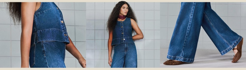 жінка модель у блакитному джинсовому комплекті магазин Прімарк